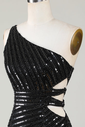 Sparkly Bodycon One Shoulder Black Sequins Short Cocktail Dress with Cut Out