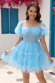 Blue Tulle Off The Shoulder Short Formal Dress