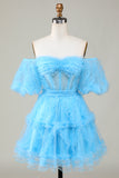 Cute A line Blue Tulle Off The Shoulder Short Cocktail Dress