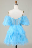 Cute A line Blue Tulle Off The Shoulder Short Cocktail Dress