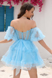 Blue Tulle Off The Shoulder Short Formal Dress