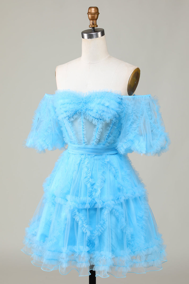 Load image into Gallery viewer, Cute A line Blue Tulle Off The Shoulder Short Cocktail Dress