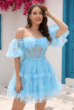 Stylish A Line Off the Shoulder Fuchsia Tulle Corset Short Formal Dress