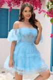 Blue Tulle Off The Shoulder Short Formal Dress