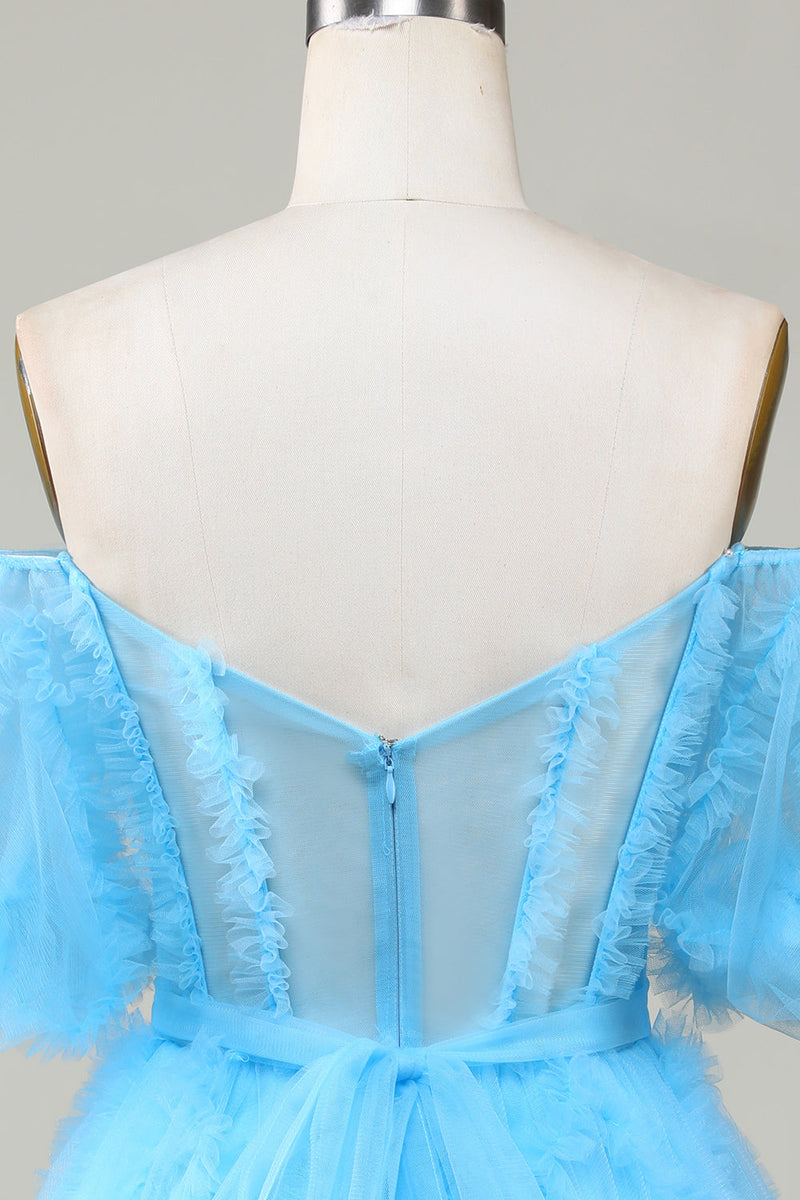 Load image into Gallery viewer, Cute A line Blue Tulle Off The Shoulder Short Cocktail Dress
