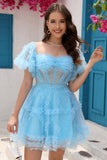 Blue Tulle Off The Shoulder Short Formal Dress