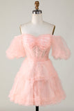 Cute A line Blush Tulle Off The Shoulder Short Formal Dress