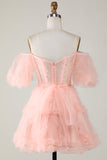 Cute A line Blush Tulle Off The Shoulder Short Formal Dress