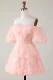 Cute A line Blush Tulle Off The Shoulder Short Formal Dress