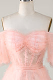 Cute A line Blush Tulle Off The Shoulder Short Formal Dress