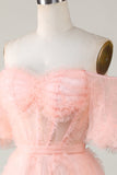 Cute A line Blush Tulle Off The Shoulder Short Formal Dress