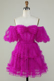 Stylish A Line Off the Shoulder Fuchsia Tulle Corset Short Formal Dress