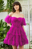 Stylish A Line Off the Shoulder Fuchsia Corset Short Formal Dress with Sleeves