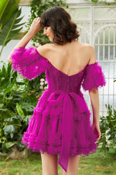 Stylish A Line Off the Shoulder Fuchsia Corset Short Formal Dress with Sleeves