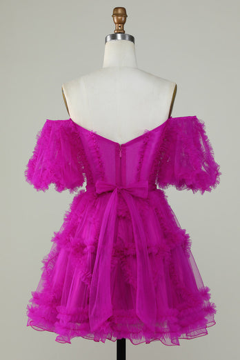 Cute A Line Off the Shoulder Pink Tulle Short Formal Dress