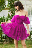 Stylish A Line Off the Shoulder Fuchsia Corset Short Formal Dress with Sleeves