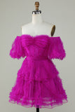 Stylish A Line Off the Shoulder Fuchsia Tulle Corset Short Formal Dress