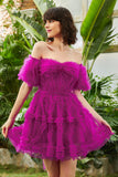 Stylish A Line Off the Shoulder Fuchsia Corset Short Formal Dress with Sleeves