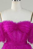 Stylish A Line Off the Shoulder Fuchsia Tulle Corset Short Formal Dress