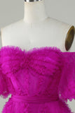 Stylish A Line Off the Shoulder Fuchsia Tulle Corset Short Formal Dress