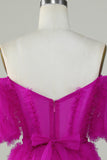 Stylish A Line Off the Shoulder Fuchsia Tulle Corset Short Formal Dress