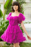 Stylish A Line Off the Shoulder Fuchsia Corset Short Formal Dress with Sleeves