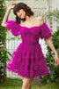 Load image into Gallery viewer, Stylish A Line Off the Shoulder Fuchsia Corset Short Formal Dress with Sleeves