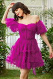 Stylish A Line Off the Shoulder Fuchsia Corset Short Formal Dress with Sleeves