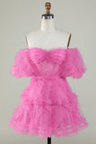 Stylish A Line Off the Shoulder Fuchsia Corset Short Formal Dress with Sleeves