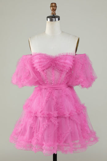 Stylish A Line Off the Shoulder Fuchsia Tulle Corset Short Formal Dress