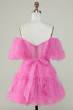 Stylish A Line Off the Shoulder Fuchsia Corset Short Formal Dress with Sleeves