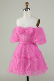 Stylish A Line Off the Shoulder Fuchsia Corset Short Formal Dress with Sleeves