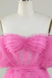 Cute A Line Off the Shoulder Pink Tulle Short Formal Dress