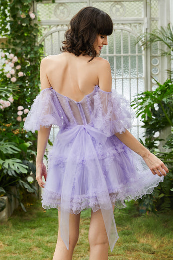 A Line Purple Tulle Off The Shoulder Short Formal Dress