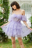 Stylish A Line Off the Shoulder Fuchsia Tulle Corset Short Formal Dress