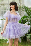 A Line Purple Tulle Off The Shoulder Short Formal Dress