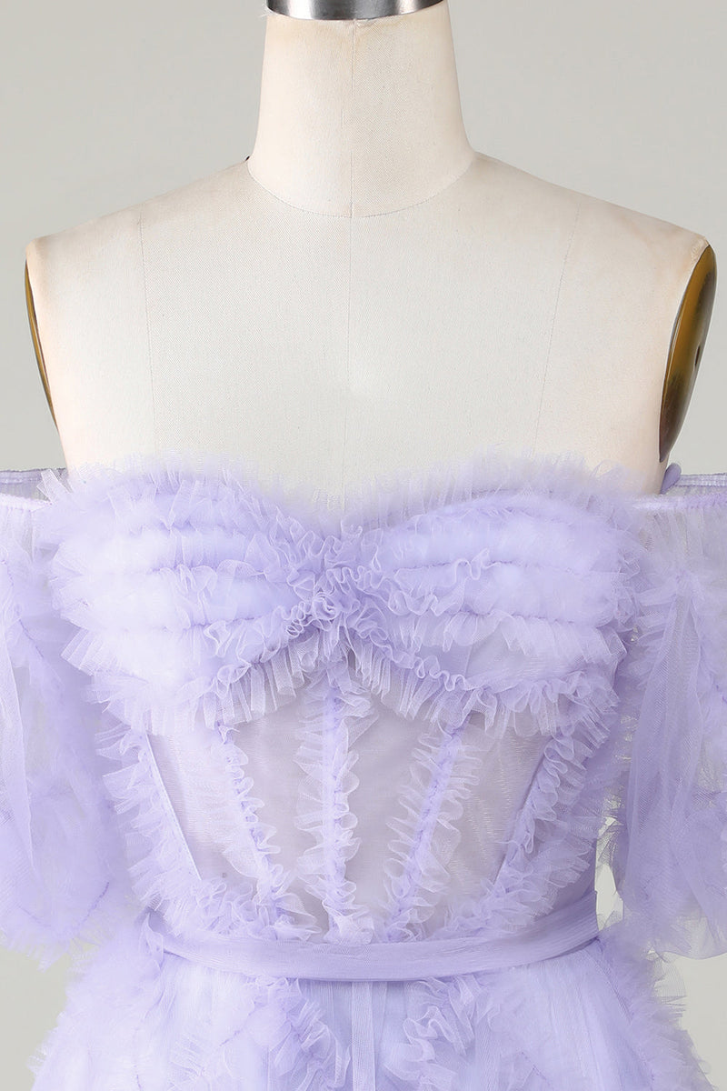Load image into Gallery viewer, Stylish A Line Off the Shoulder Purple Tulle Corset Homecoming Dress