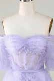 Stylish A Line Off the Shoulder Purple Tulle Corset Homecoming Dress