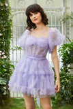 A Line Purple Tulle Off The Shoulder Short Formal Dress