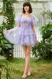 A Line Purple Tulle Off The Shoulder Short Formal Dress