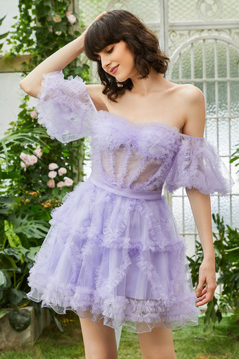 A Line Purple Tulle Off The Shoulder Short Formal Dress