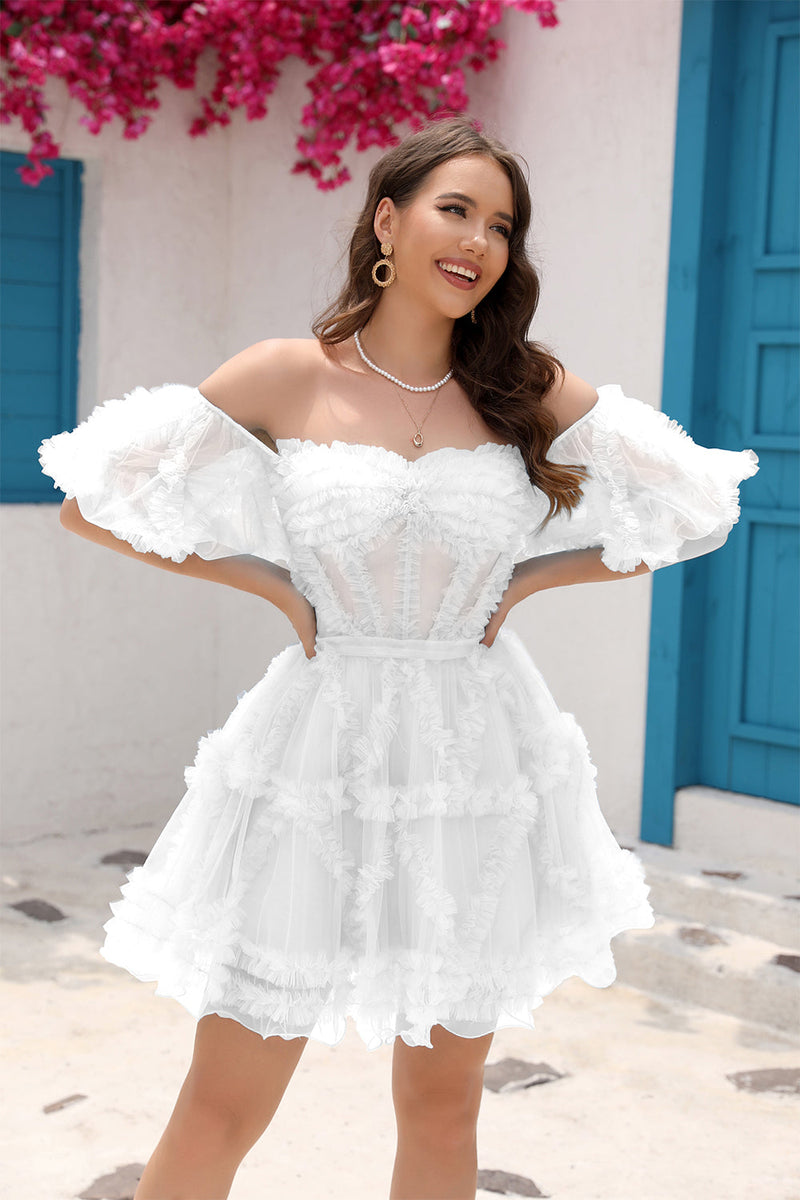 Load image into Gallery viewer, A-Line Off The Shoulder Ruffled Corset Little White Dress