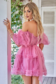 Hot Pink Off the Shoulder Tulle Short Formal Dress