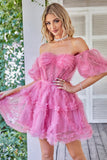 Hot Pink Off the Shoulder Tulle Short Formal Dress