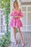 Hot Pink Off the Shoulder Tulle Short Formal Dress