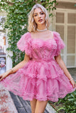 Hot Pink Off the Shoulder Tulle Short Formal Dress