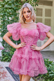 Hot Pink Off the Shoulder Tulle Short Formal Dress