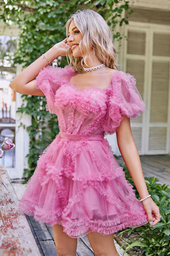 Hot Pink Off the Shoulder Tulle Short Formal Dress