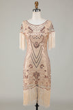 Boat Neck Sequins Champagne Roaring 20s Gatsby Fringed Flapper Dress