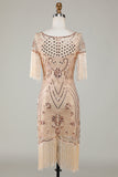 Boat Neck Sequins Champagne Roaring 20s Gatsby Fringed Flapper Dress